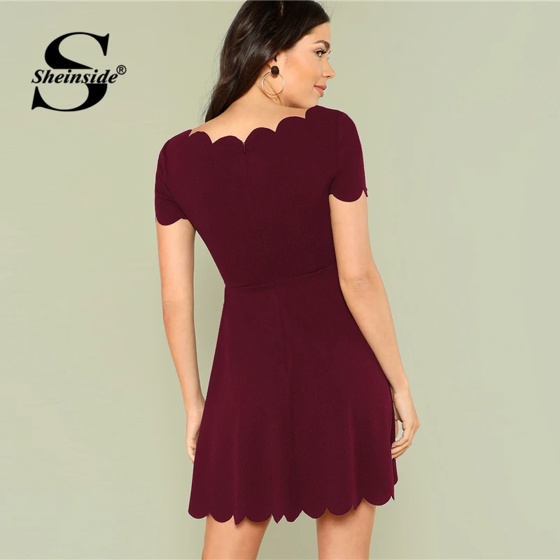 Skup Sheinside Maroon muszelki wykończenia Party Dress elegancka biurowa, damska solidna Boat Neck suknie 2019 lato wysokiej talii linia sukienka