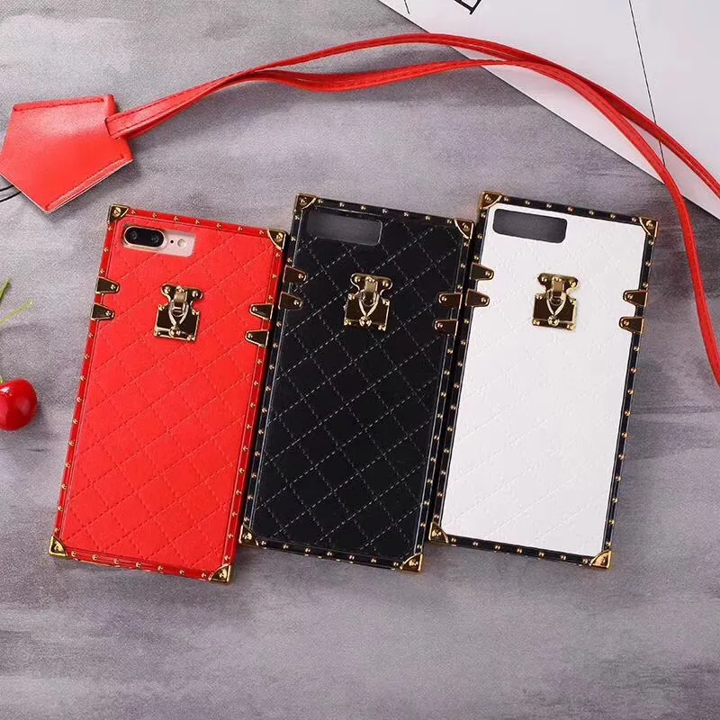 

Luxury lambskin square plaid rivets phone cover for iphone 6 6s 7 8 plus x xs max xr Fashion super lanyard soft silicone cases