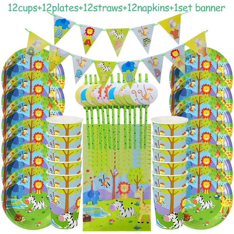 

49pcs Jungle Birthday Party Supplies Disposable Tableware Cup Plate Napkin Banner Kids Animal Jungle Safari Theme Birthday Party