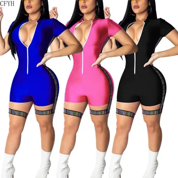 

Front Zipper Bodycon Jumpsuit Summer Patchwork Overalls for Women Short Bandage Playsuit