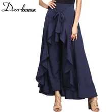 Sayang kekasih Wrap Rok untuk Wanita 2017 Baru Kasual Mode Navy Chiffon Tie-Ruffle Pinggang Lebar Kaki Celana Longgar LC77034 Hitam abu-abu