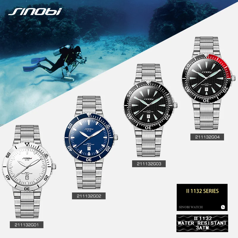 SINOBI спортивные мужские многофункциональные военные часы из нержавеющей стали водонепроницаемые кварцевые часы Бренд Rolexable relogio masculino 19