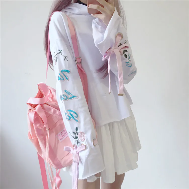 Harajuku толстовки для женщин милый галстук бабочка Роза буквы вышивка короткий