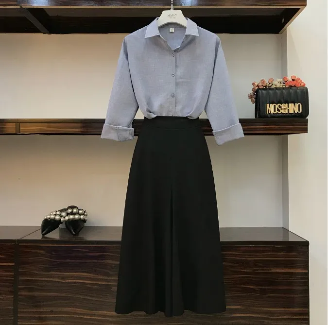 

2019 Spring and Autumn Women's Simple Long Sleeve Solid Color Shirt + High Waist Wide Leg Pants Two Pieces Ladies Pants Suit