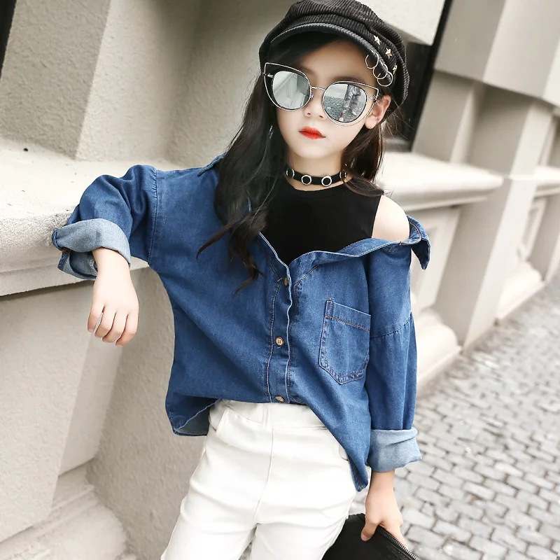 

Girls Denim Shirts Fashion Blouses For Kids Clothing Infant Jeans Tops Children Girls School Shirts Thin Coats 9 10 12 14 Years