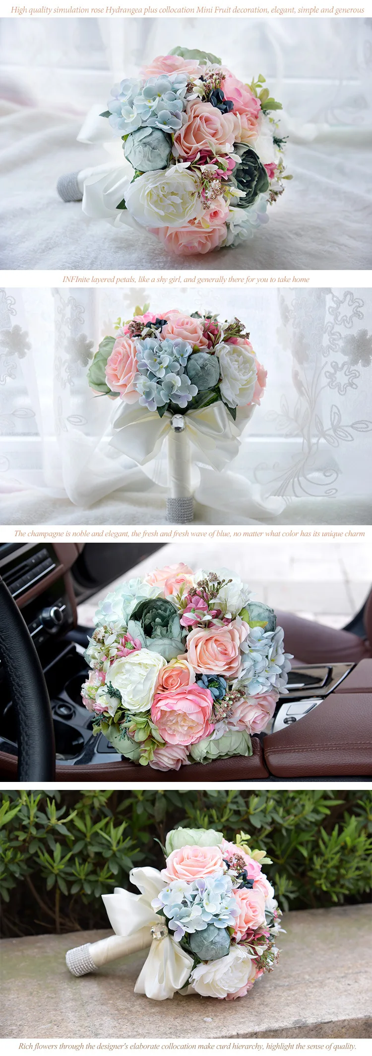 1" дизайн деревенский Шелковый Пион бирюзовый розовый синий Гортензия Свадебный букет невесты букет цветов невесты