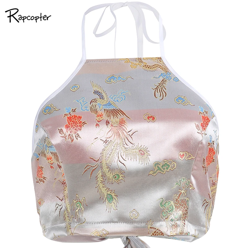 

Rapcopter Women Chinese Style Dragon and Phoenix Embroidery Fashion Design Short Tank Tops Sleeveless Halter High Street Pop Top