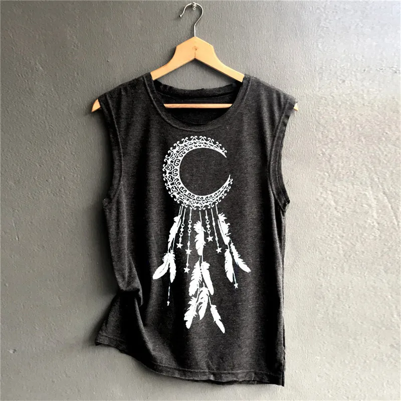 

Moon Feather Print Women Tank Top Cute Graphic Tees O-neck Sleeveless Tank Tshirt Summer Beach Female Streetwear Vogue Tops
