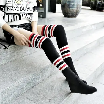 

NAYIDUYUN Fashion Over The Knee Women Stretch Long Boots Wedge Knit Stocking Thigh High Boots High Heels Round Toe Black Color