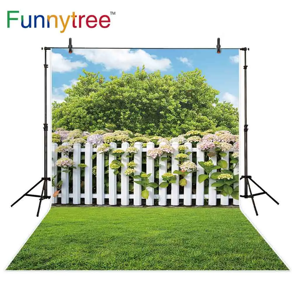 Funnytree backdrop for photographic studio spring nature scene flowers fence tree grass professional background photobooth | Электроника
