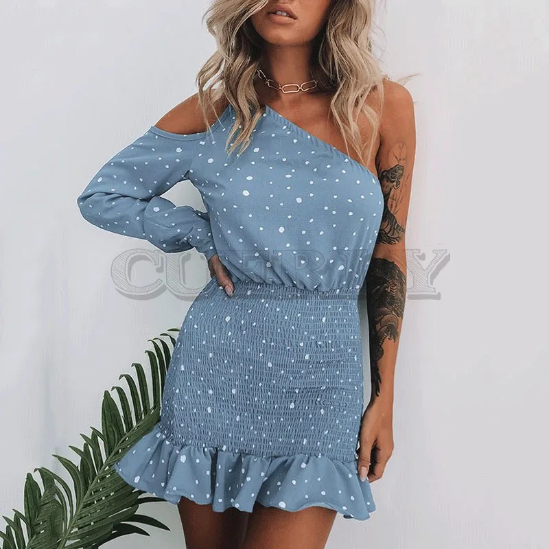 

Cuerly 2019 sexy symmetrical neck party club dot dress women one shoulder ruffle hem mini dress bodycon female vestidos
