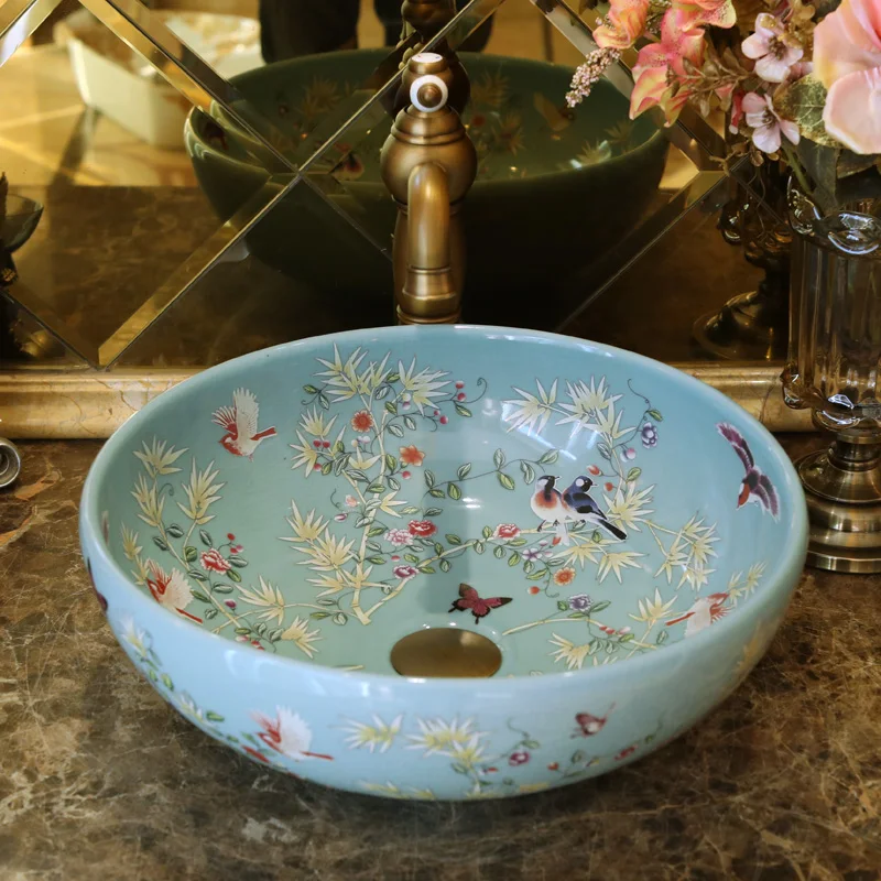 Blue Handmade Porcelain Sink Birds&Flowers Countertop Ceramic wash basin Bathroom Sink (5)