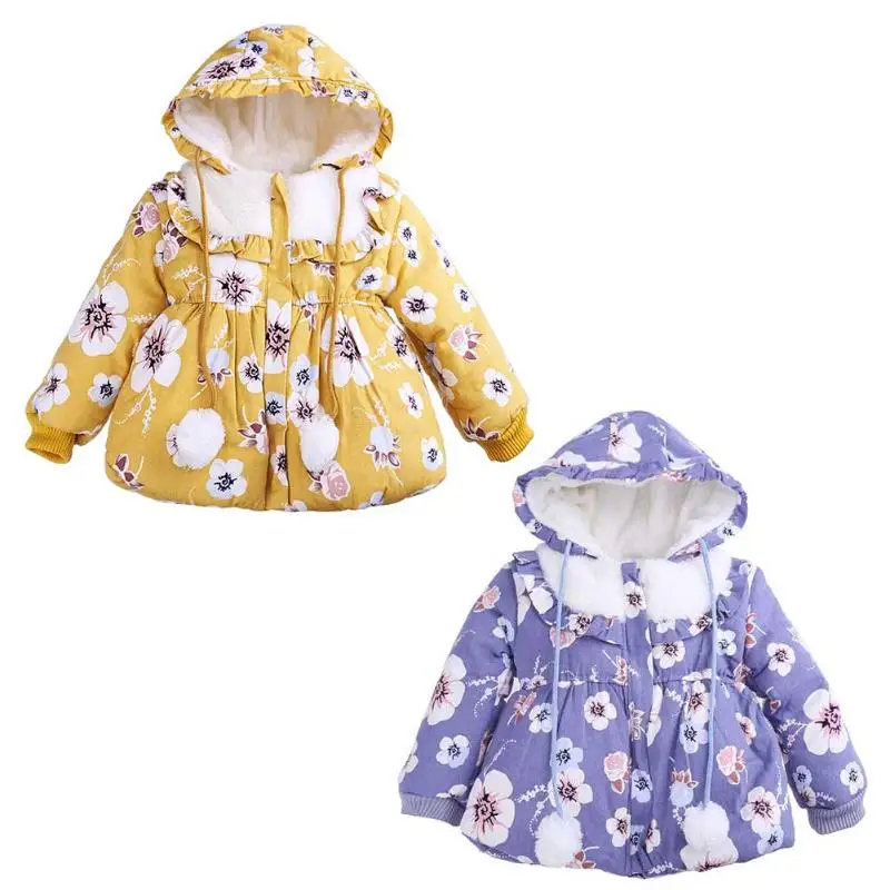 

Baby Girls Coat Winter Cute Children Floral Hooded Jacket Kids Thicken Cotton Warm Fleece Outerwear Cartoon Jackets For Girls