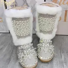 Тяжелая работа кроличьим мехом; зимние кожаные ботинки внутренний милые жемчужные стразы ручной работы высокого ботинки из толстого хлопка