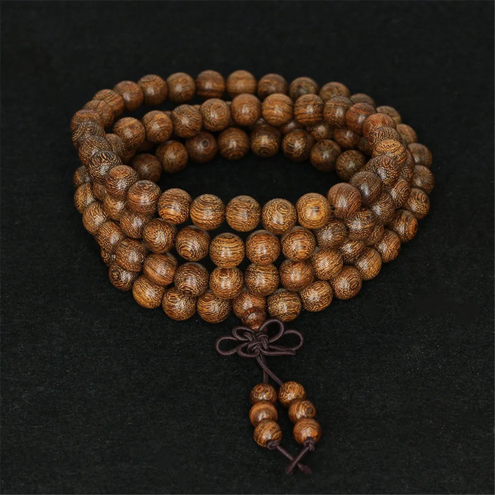 

Hot Sale 8mm 108 Beads Mala Natural Golden Silk Sandalwood Parallel Grain Beaded Bracelets or Necklace Buddhist Unisex Jewelry