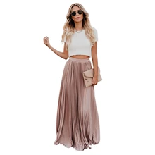 All Seasons Women Fashion Vintage High Waist Long Skirt Elastic Waist Solid Color Casual Party Pleated Skirts