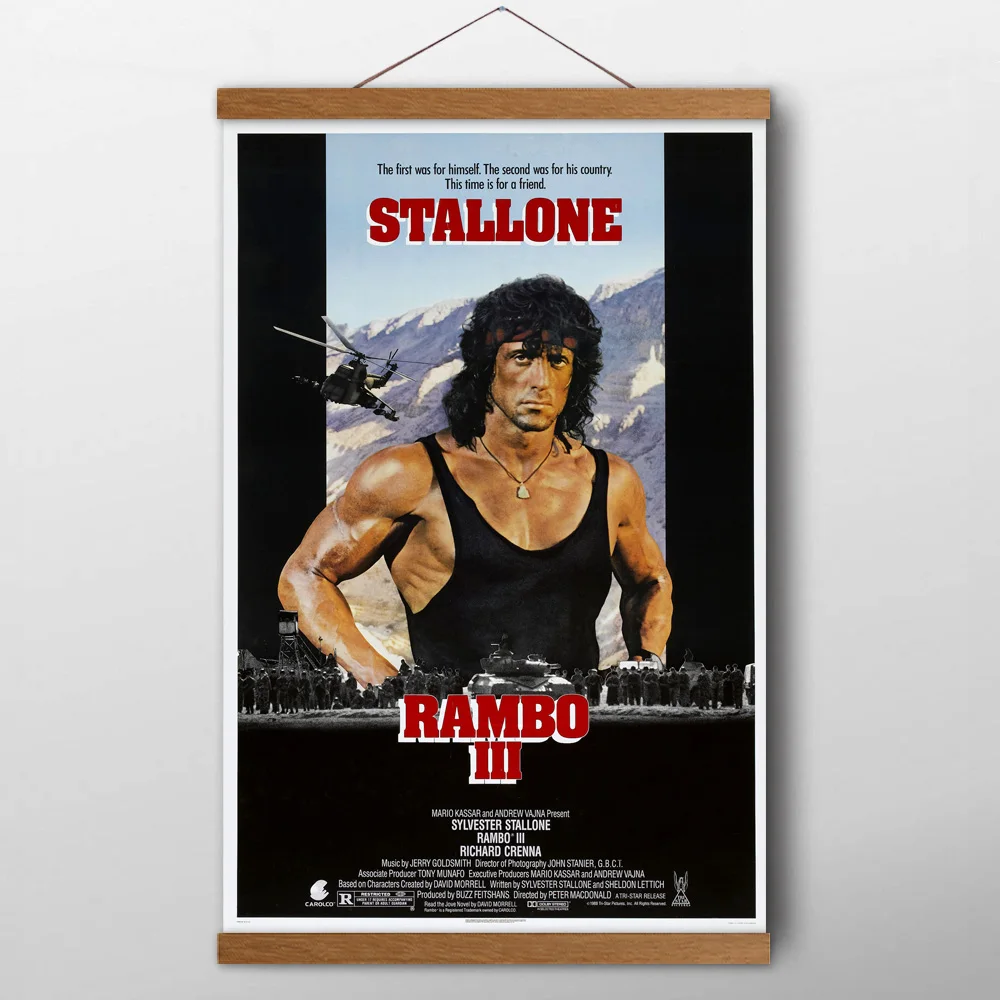 

Teak Wood Hanging Scrolls Paintings Rambo Part 3 Stallone Movie Classic Posters and Prints Canvas Silk Wall Art for Home Decor