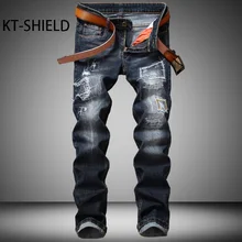 Рваные джинсы мужские марка Тонкий denim прямые Случайные длинные брюки Хлопок мода нескольких карман байкер брюки-Карго вакеро hombre