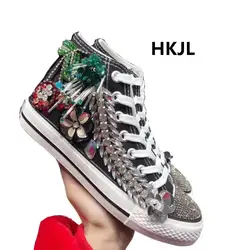 HKJL/Новинка 2019 г. весенняя обувь, повседневная обувь с высоким берцем, украшенная бусинами и объемными цветами
