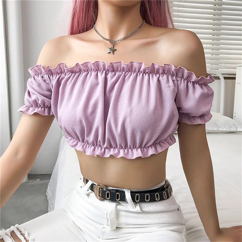 

Women Strapless Ruffles Off Shoulder Bodycon Crop Top Elegant Bandage Vest Ladies Tee Tank Dames tunique femme Streetwear