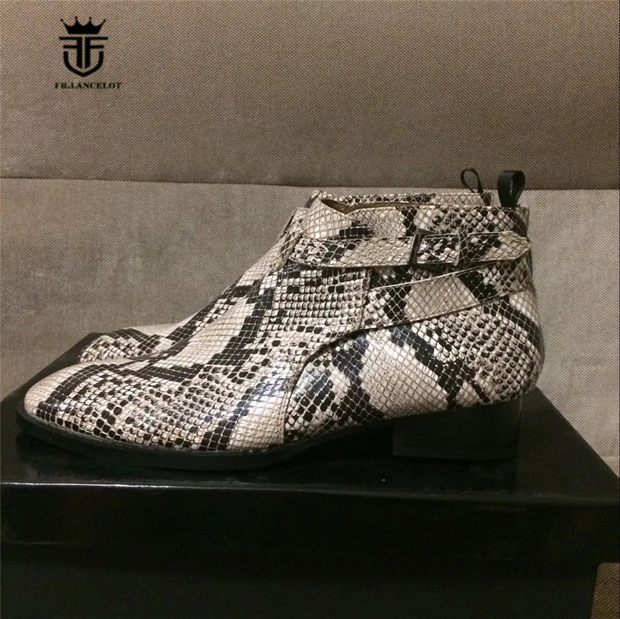 

Handmade Customized Luxury Python pattern Buckle Embossed Genuine Leather Ankle Boots Men Dress Wedding Personalized Short Boot