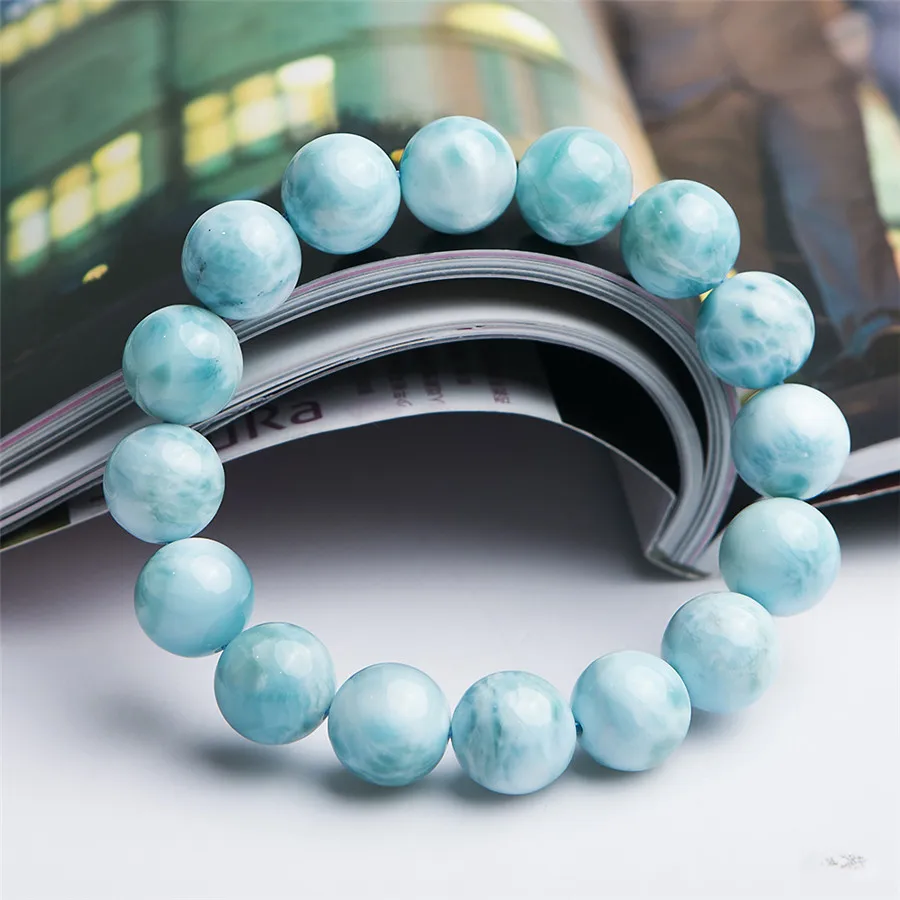

Dominica Genuine Natural Blue Water Pattern Larimar Bracelet Healing Gemstone Crystal Round Bead Bracelets Women Men 13mm AAAAAA