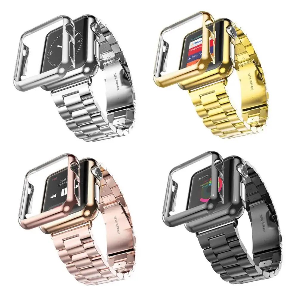 

38mm 42mm 3 Points Stainless Steel Strap Gold Plated Protective Case Cover Watch Bands for Apple Watch iWatch Watchband