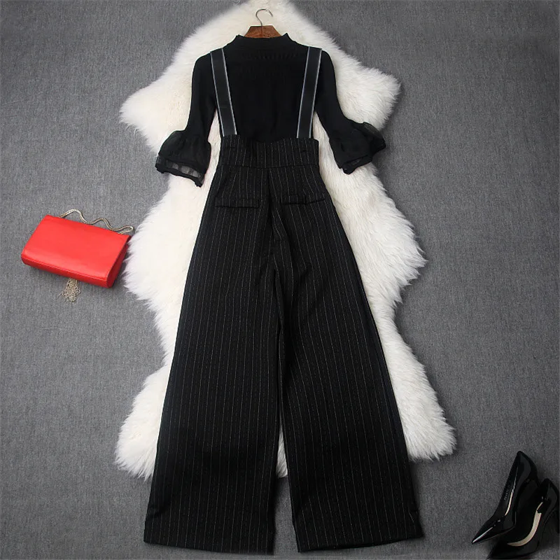 Top Quality Runway Designer Autumn Pants 2Piece Set Women Designer Flare Sleeve Knit Top+Beaded Wide Leg Long Pants Set Overalls