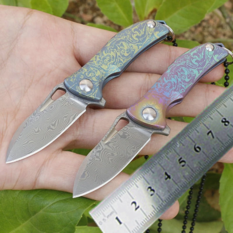 

KESIWO mini Damascus folding knives small Titanium handle key chain ring camping survival pocket knifes flipper gift EDC Tools