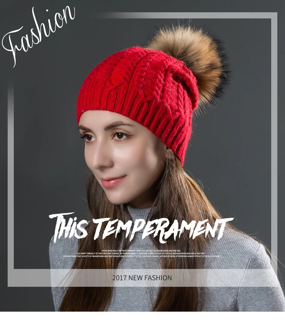 CNTANG осень-зима Для женщин кролика трикотажные твист Шапки модные теплые шапки с натуральным меховым помпоном женская шляпа Skullies шапочки