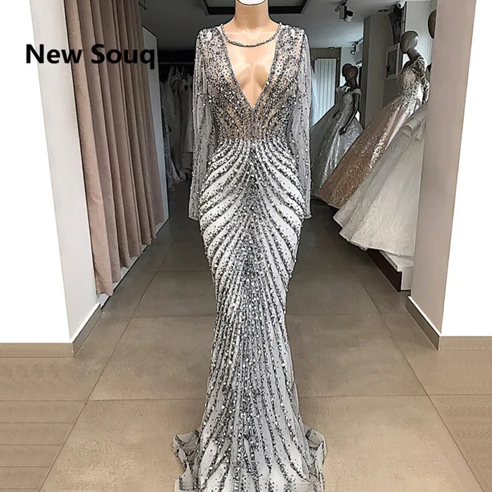 light blue prom dresses Luxury Crystal Beaded Middle East Dubai Evening Dresses Illusion V-neck  Long Sleeves Mermaid Party Prom Dress Vestido De Festa mermaid prom dresses