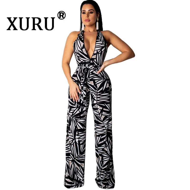 

XURU sexy new women's sexy V-neck sleeveless loose jumpsuit black painted print jumpsuit