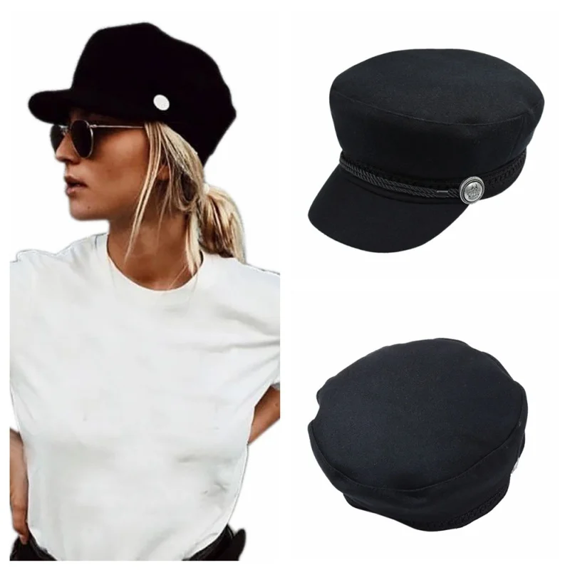 Черная шапка для гольфа, женская уличная одежда, однотонная плоская кепка, наружная теплая шляпа, восьмиугольная пуговица, шерстяные бейсболки, кепки, новинка, хит - Цвет: Черный
