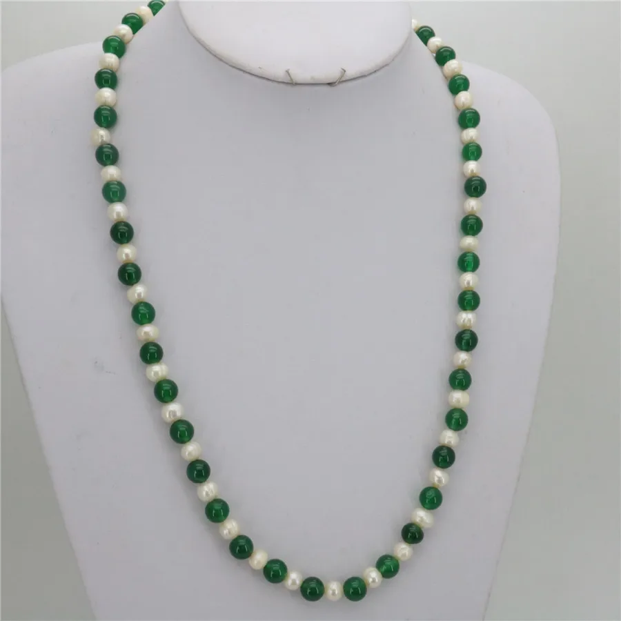 

7-8mm White Natural Pearl Collocation 8mm Green Onyx Chalcedony Round Necklace Long Sweater Chain Beads Jewelry Wholesale 25inch