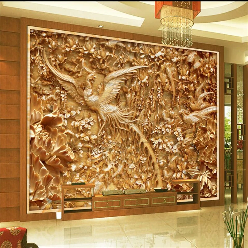 Wellyu Hundred Birds Towards The Phoenix Wood Carving Tv Background Wall Custom Large Mural Green Wallpaper Papel De Parede Papel De Parede De Paredetv Background Aliexpress