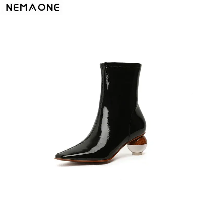 

NEMAONE Genuine Patent Leather Women ankle boots Zipper Round ball High Heels shoes Women Motorcycle Boot Size 34-43