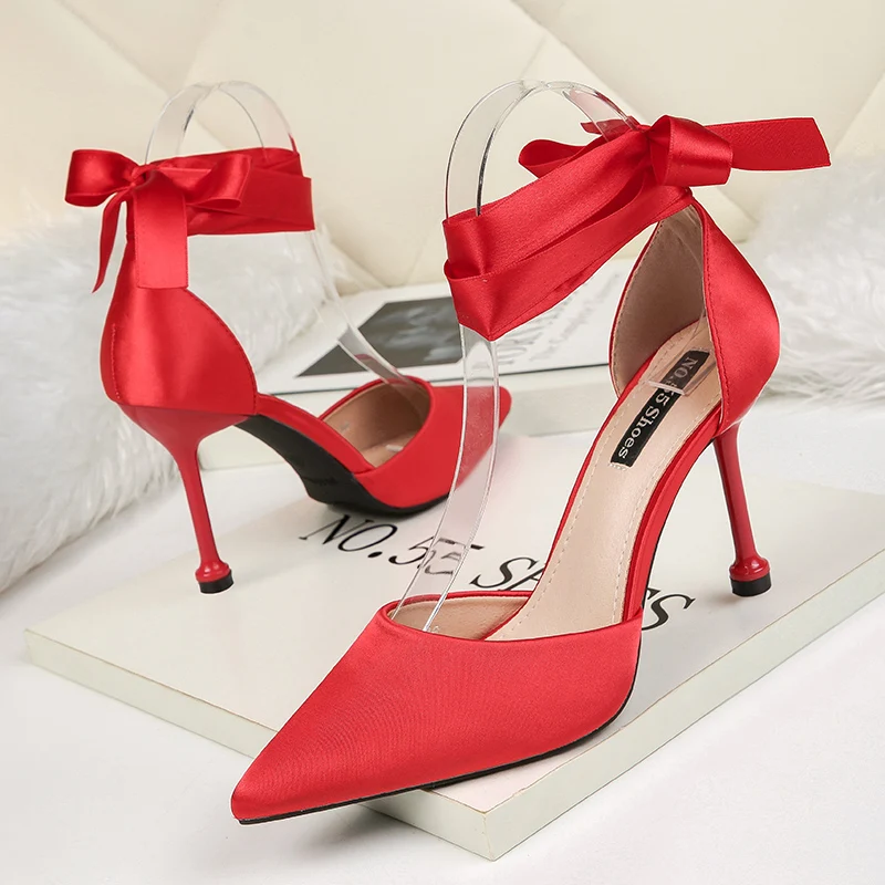 

Fashion pointed shallow mouth high heels nightclub sexy satin women's shoes stiletto bow sandals