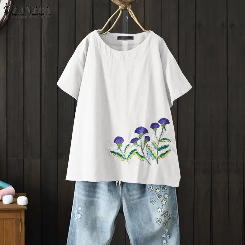 

Women's Blouse 2019 ZANZEA Vintage Floral Embroidery Shirt Femininas Summer Short Sleeve Blusas Casual Tunic Tops Loose Chemise