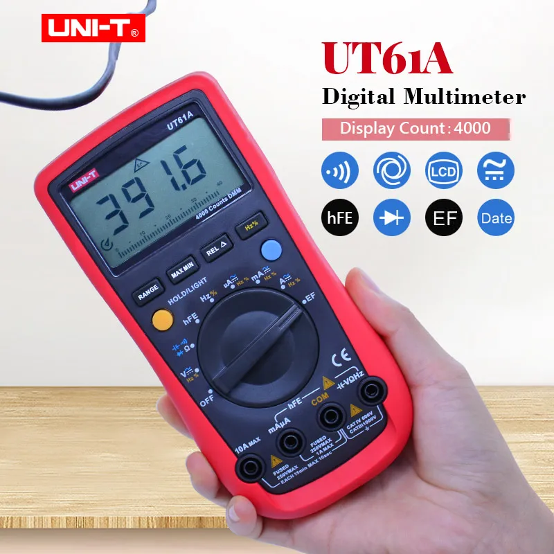

Digital Multimeter UNI-T UT61A;Data Hold AC DC volt Ampere meter;Ohm Capacitance Frequency tester;LCD Backlight /NCV/Diode test