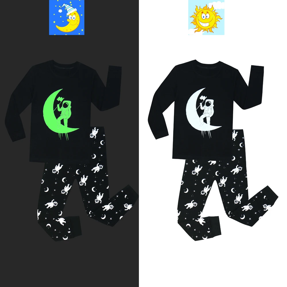 Модные детские пижамы с длинными рукавами, светящиеся в темноте, темно-синие пижамы для мальчиков, детские пижамы, детские пижамы, комплекты пижам, светится в темноте