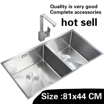 Best Free Shipping Apartment Food Grade 304 Stainless Steel Durable Large Kitchen Manual Sink Double Groove Hot Sell 81x44 CM