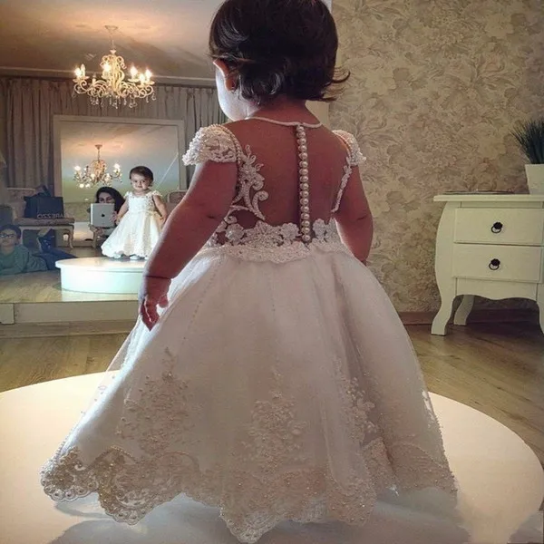 

Flower Girl Dresses 2019 Princess Infant Baby Formal Wear Gowns Cap Short Sleeves Pearls Appliqued Kids Toddler First Communion
