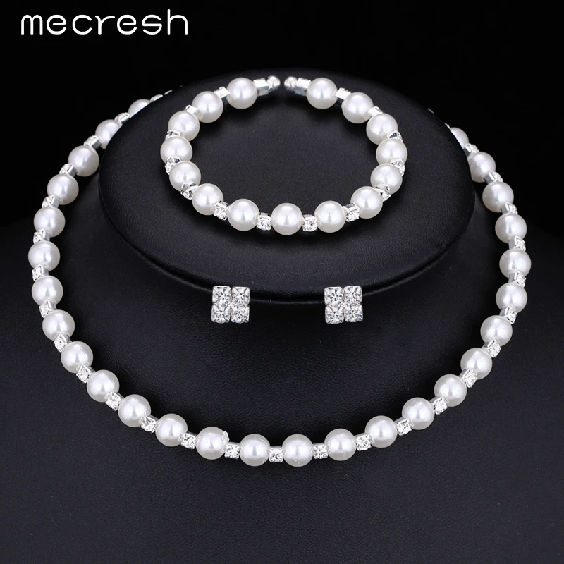 Mecresh Simulated Pearl Bridal Jewelry Sets Crystal Choker Necklace Earrings Bracelet Wedding Jewelry sets for women New M3TL081