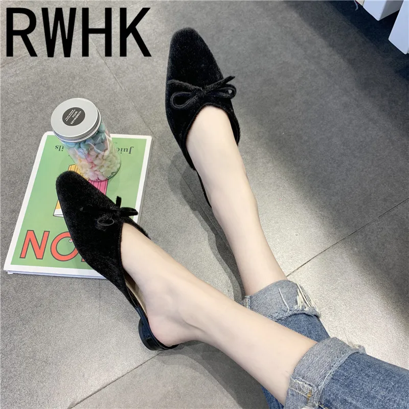 

RWHK 2019 summer new Korean version of suede pointed flat out wearing retro baotou wild lazy shoes female drag bowknot B197