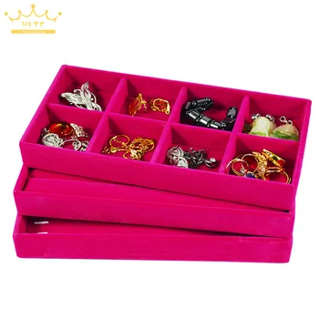 

Free Shipping 11*22cm Wholesale Personal Small Jewelry Display Tray for Ring Chain Compartment Set Red Velvet 3pcs