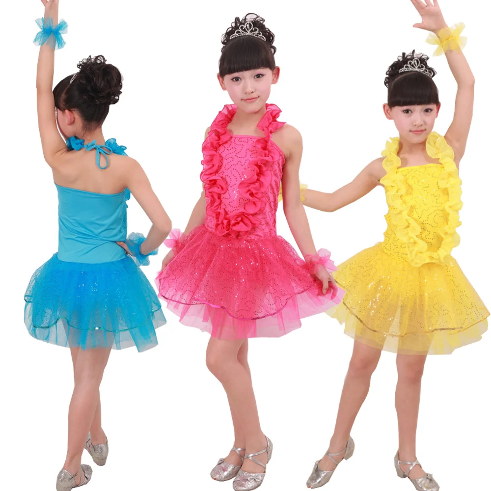 Girl Sequined Jazz Dance Dress Ballroom Samba Party perforamance Ballet Dress Competition Dancewear Kids Stage wear