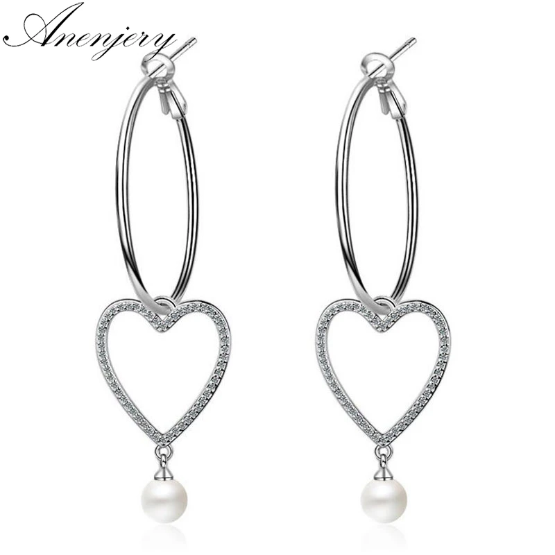 

Anenjery 925 Sterling Silver Earrings For Women Personality Zircon Heart Circle Cross Pearl Tassel Earrings oorbellen S-E445