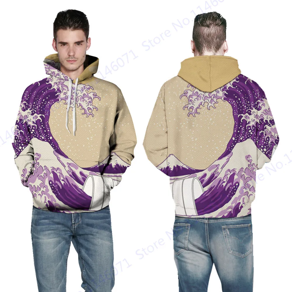 The Great Wave Off Kanagawa Hoodies Purple Hooded Skateboard Sweatshirt Autumn Oversized Sport