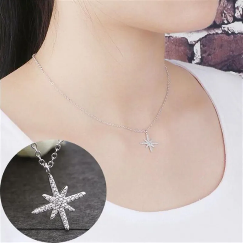 

LULU-PIG hot new 925 sterling silver Korean temperament fashion meters word set zircon snowflake necklace for women N0203
