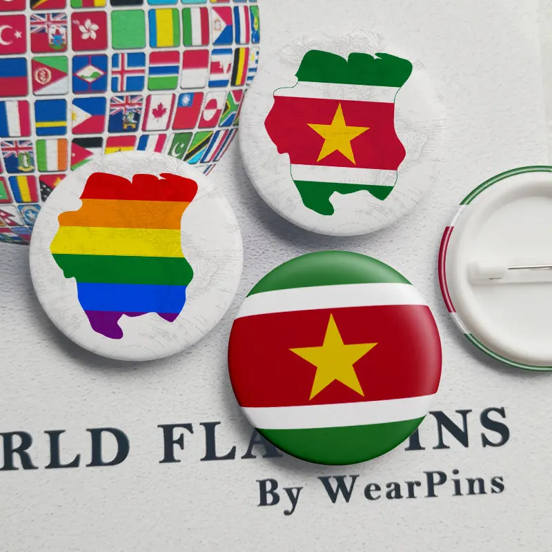 

Suriname Flag Map Tin Button Pins LGBT Gay Rainbow Pride Tin Button Badges